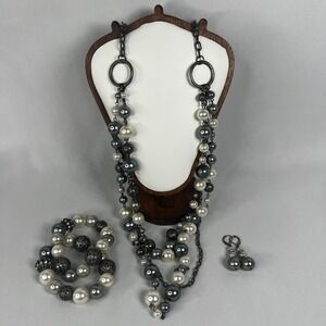 Y2K Beaded Jewelry Set Multi Strand Necklace Stretch Bracelet Set Dangle Earring